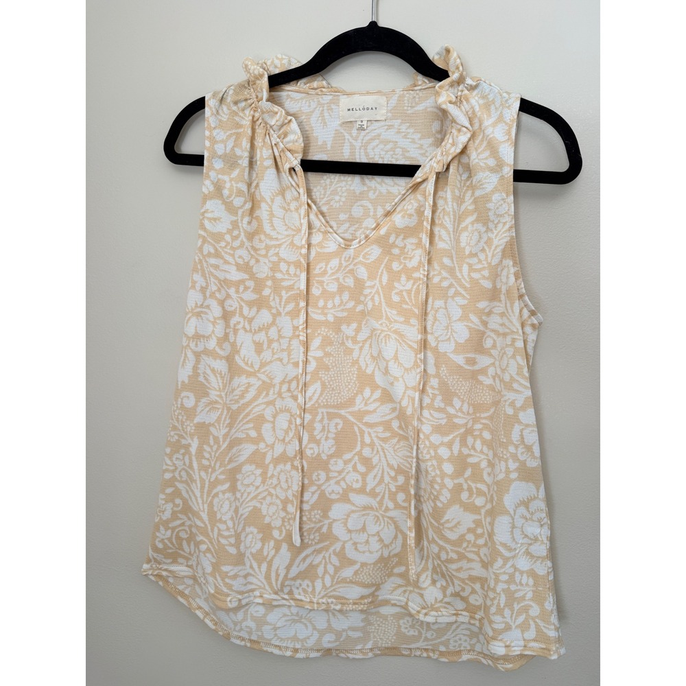 Melloday yellow White Floral Ruffle Tie Neck Sleeveless Top CKT182280-TM Small